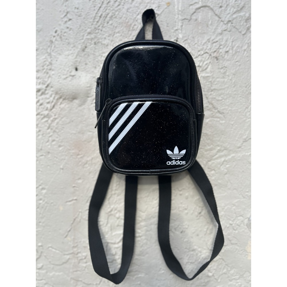 Adidas Originals Mini Backpack Black Patent Glitter Trefoil 3-Stripe Bag